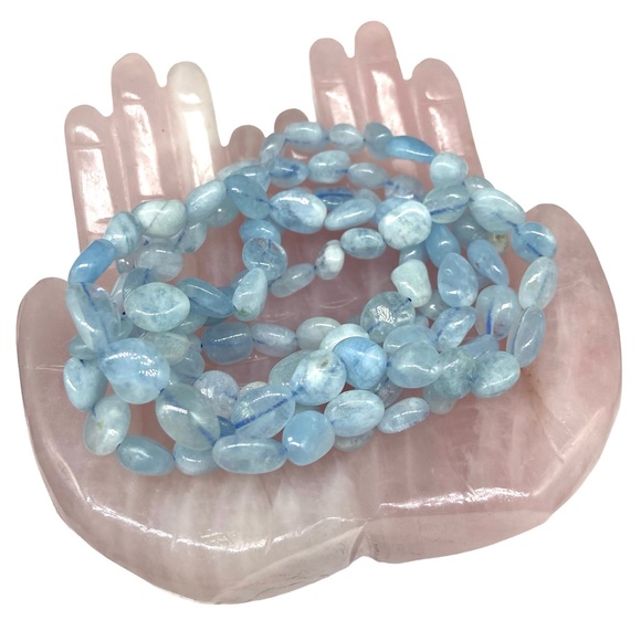Jewelry - Aquamarine Beaded Stretch Bracelet Gemstone Stone Crystal Crystals Blue Beads